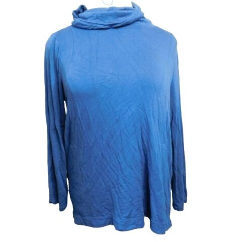 Chico's Size XL (3) Darker Dusty Blue STRETCH Cowl Knit Knit Top W/pockets